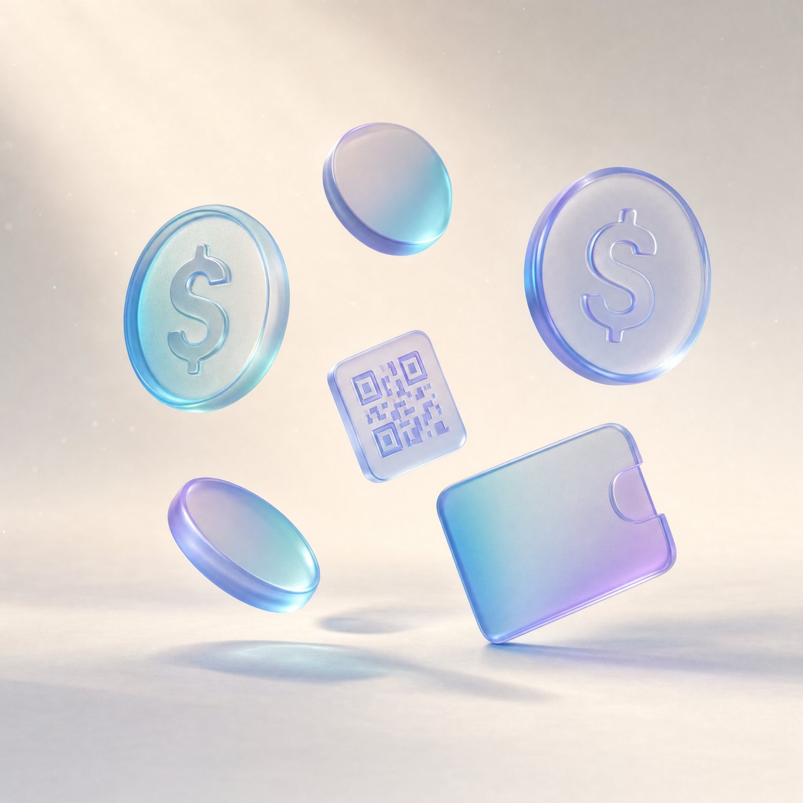 Monedas, billetera y QR de vidrio flotando